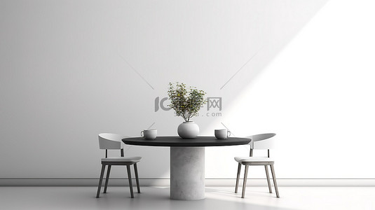 3D 渲染餐桌靠着空白墙的侧视图