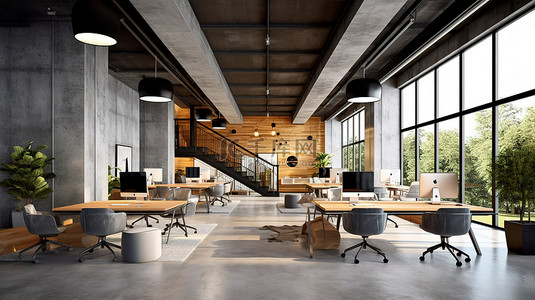 现代联合办公空间采用混凝土和木材装饰，配有家具和设备