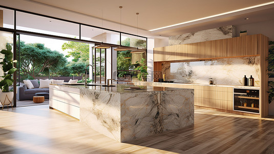 高档现代厨房，配有石岛长凳，以令人惊叹的 3D 渲染显示