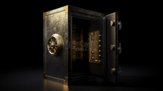 带锁钢门的黄金银行保险箱在深色背景上隔离 3D 渲染