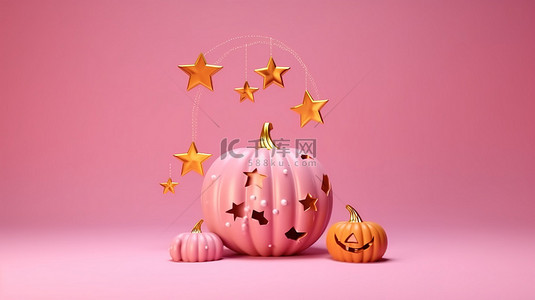 秋天的节日背景图片_粉红色背景中的怪异 3D 南瓜是万圣节庆祝活动的节日装饰