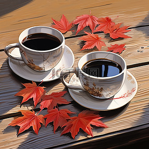 旧桌子背景图片_两杯咖啡放在一张红叶旧木桌上