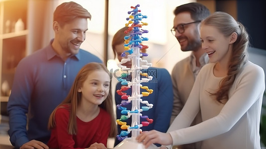 一个快乐的家庭在大型 3D DNA 结构上紧密相连，热情地一起探索和学习