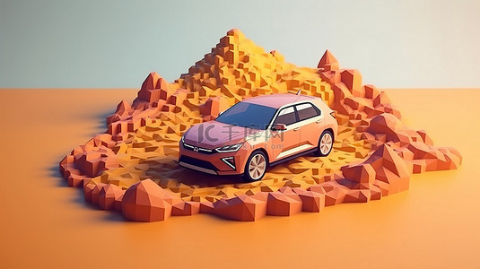 低聚汽车在路上巡航的高级 3D 渲染