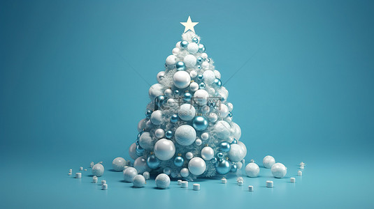 蓝色背景上圣诞树和装饰品的节日 3D 渲染