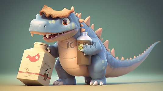 搞笑的 3D 恐龙卡通抓着牛奶盒