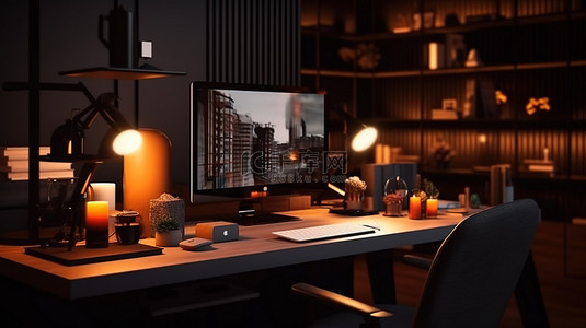 时尚黑暗办公室工作室的夜间 3D 渲染，工作桌上有台式电脑模型