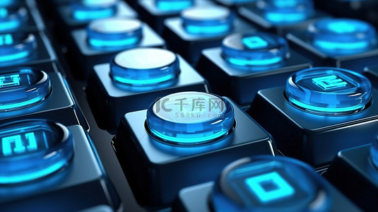 抽象背景上蓝色键盘输入按钮的技术概念的 3D 渲染
