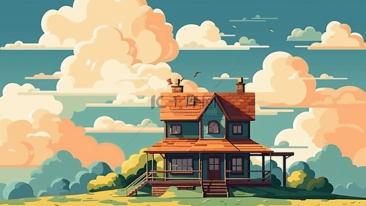 房子天空卡通插画背景