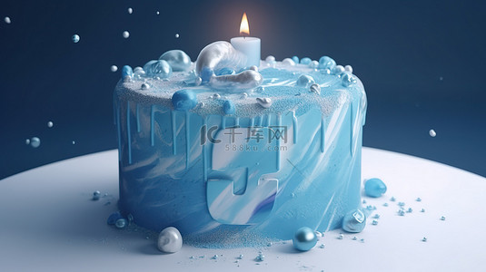 巨大的蓝色 3d 生日蛋糕，顶部装饰着大胆的“5”