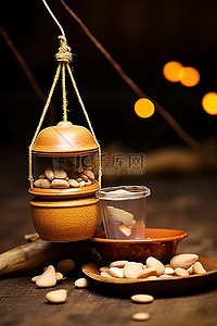 黄中国背景图片_热中国圆锥形帐篷一罐坚果和一个茶壶