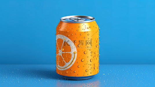 蓝色背景的 3D 渲染，金属罐橙色饮料和冷凝水滴