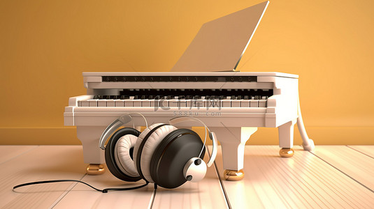 佩戴胸章背景图片_耳机佩戴钢琴的音乐理念 3D 插图，具有充足的复制空间