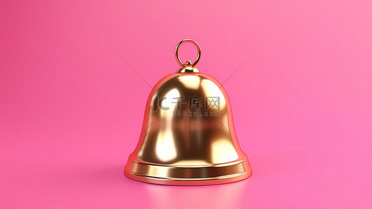 3D 渲染中的金色通知铃图标设置在粉红色背景下