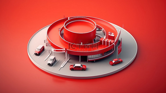 为背景上隔离的大胆红色汽车设计的三维加油站模型