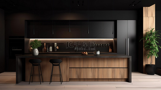 木质装饰增强了时尚黑色厨房 3D 渲染的现代感