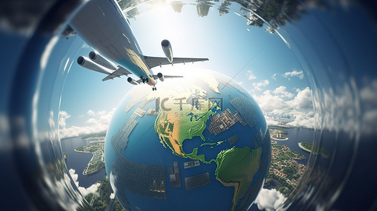 乘飞机旅行背景图片_乘飞机环游世界 环游世界的 3D 插图