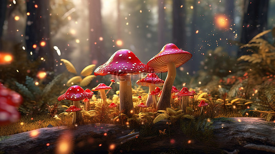迷人的飞木耳蘑菇在树林中飞翔，周围是令人惊叹的发光幻想真菌 3D 渲染灌木丛