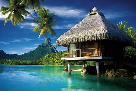 一座茅草屋，上面有一座小岛，位于平静的蓝色海水中