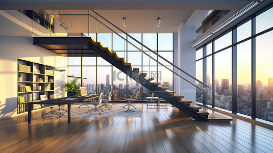 3d 呈现时尚的开放空间办公室，配有光滑的地板现代家具楼梯和城市景观，通过侧角的阳光照射的窗户