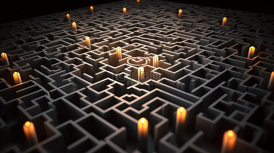 明亮的光线在代表决策概念的 3D 渲染中的深灰色迷宫中找到正确的路径