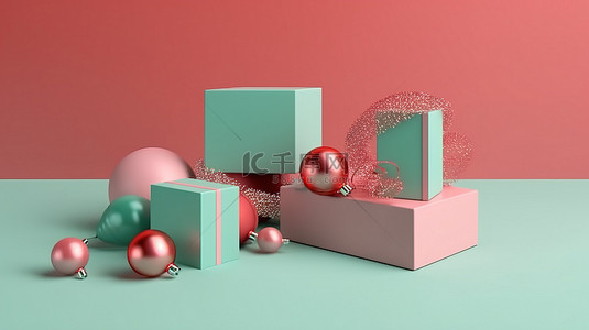 节日圣诞简约背景图片_简约 3D 设计圣诞装饰品圣诞快乐新年快乐礼盒渲染