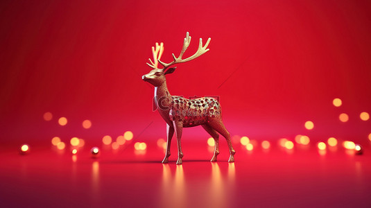 欢快的驯鹿在 3d 充满活力的红色背景下庆祝圣诞节