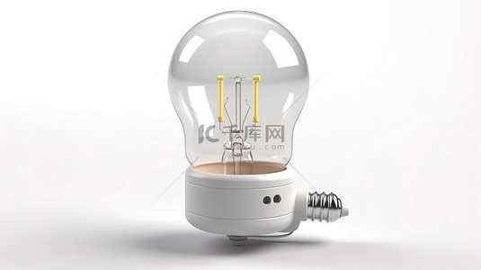 白色背景的 3D 渲染，带有连接到便携式移动房间空调的创意灯泡