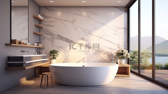 浴背景图片_时尚的现代浴室内饰，配有玻璃浴缸架和天然绿色植物，华丽的 3D 展示