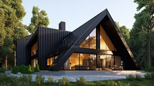 黑色建筑背景背景图片_黑色的现代房子 3d 夏季插画