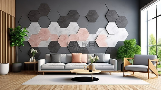 现代客厅的渲染 3D 图像，配有时尚的六边形灰色瓷砖墙