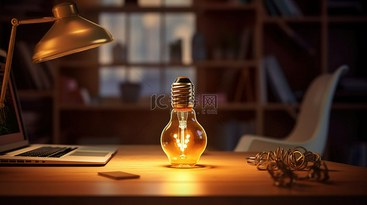 桌上办公用品背景图片_灯泡形台灯和笔记本电脑在办公桌上的 3D 渲染创意概念