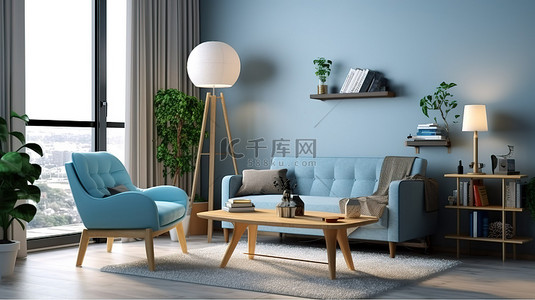 灯具客厅背景图片_时尚的客厅配有木桌别致的灯具和舒适的蓝色扶手椅，采用 3D 渲染打造