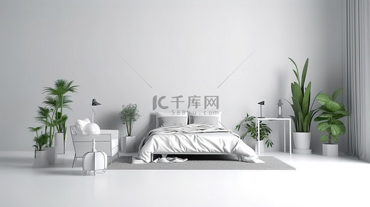 时尚而现代的等距卧室，配有白色墙壁内饰和家具 3D 渲染