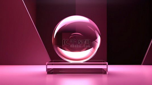 粉红色的抽象舞台是一个时尚的广告产品模板，带有 3d 水晶球