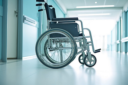 坐轮椅背景图片_空荡荡的医院里坐着轮椅的人的照片