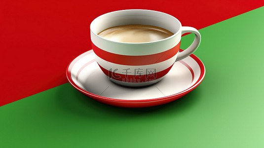 绿色和红色背景上的白咖啡杯的 3D 插图
