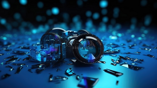 放大效果背景图片_3D 渲染的电蓝色霓虹灯中分解的双筒望远镜