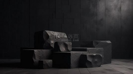 黑色石材背景图片_在粗糙纹理的黑色石头讲台上展示您的产品，并通过对象放置进行 3D 渲染