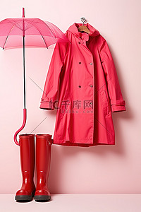 穿雨衣骑车背景图片_一把雨伞，旁边有一件红色雨衣和一些靴子