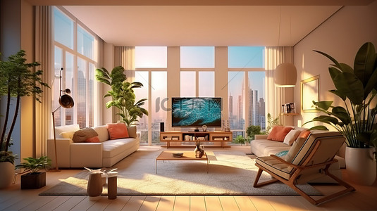 高端生活背景背景图片_宽敞的高端生活空间，具有现代风格 3D 渲染的现代公寓内饰插图