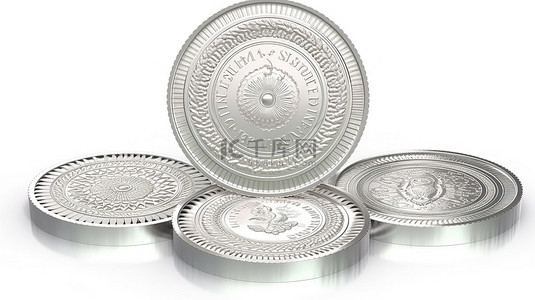 印度卢比圆形银币 3d 隔离在白色背景上，有五个不同的角度和 3d 呈现的货币符号