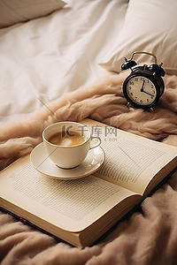 一杯咖啡一本书和床上的一条毯子