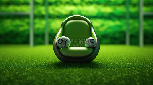 踢足球的运动员背景图片_足球场中心绿色椅子和带耳机的足球的 3D 渲染
