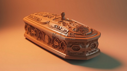 3D 渲染木制棺材上标志性的万圣节设计装饰十字装饰品