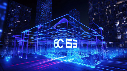 科技移动互联网背景图片_下一代 6g 网络高速移动互联网在未来派 3D 渲染中与商业建筑上的明亮蓝色照明