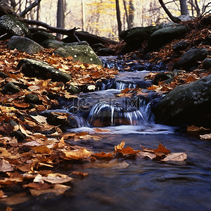 秋天落叶枫叶背景图片_河水流过森林里的秋叶