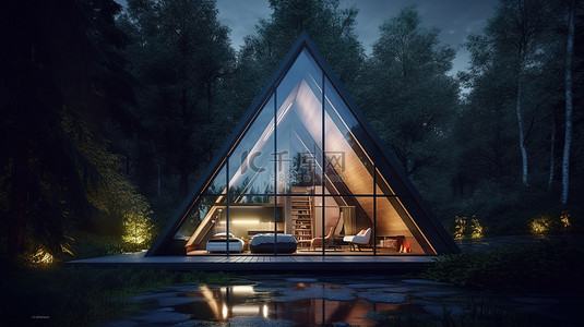 林中木屋背景图片_以 3D 渲染的森林中独特的三角形房屋的夜间景观