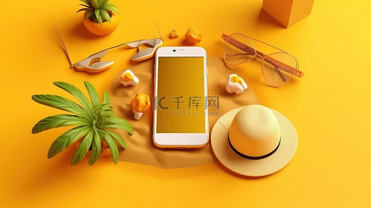 漂浮北京南背景图片_黄色背景手机的夏季海滩配件的 3D 渲染