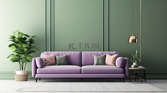 空白画布，可展示在现代时髦环境中的时尚绿色墙壁上，配有别致的紫色沙发和白色桌子数字艺术